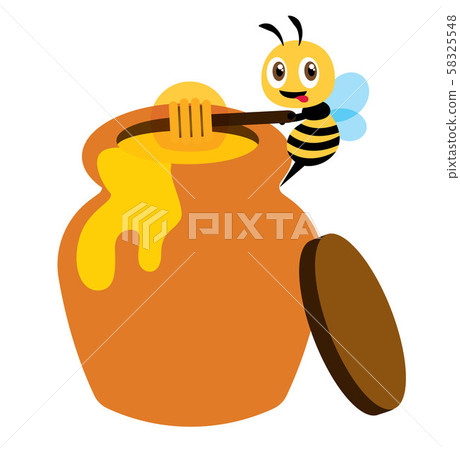 Cartoon cute bee use honey dipper to take honey from honey pot - Flat art vector character 58325548