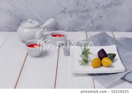 Concept of Korean traditional objects, wrapping cloth and refreshments. 015 58326835