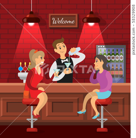 Female Friends Talking in Bar, Barman with Drink Female Friends Talking in Bar, Barman with Drink 58329908