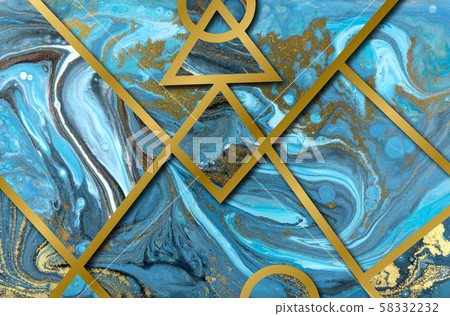 Blue and gold marbling pattern. Marble liquid texture with golden stripes. 58332232
