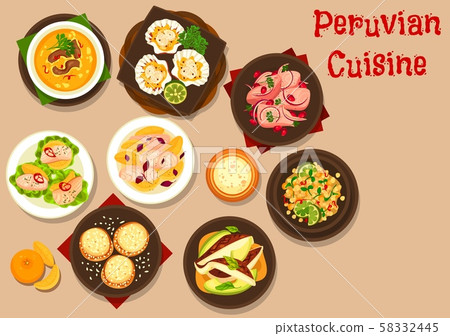Peruvian fish ceviche, meat soup, vegetable salad 58332445