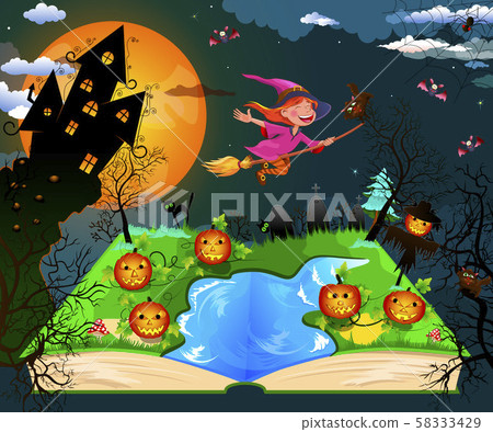 Joyful little witch flies on a broomstick 58333429