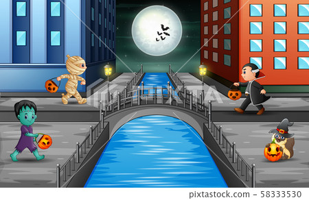 Halloween night town with many character Halloween night town with many character 58333530