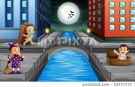 Halloween town background with funny character 58333533