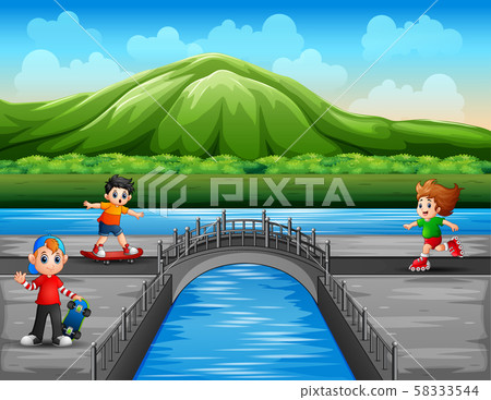 Happy boys ride using rollerblades and skateboard Happy boys ride using rollerblades and skateboard 58333544
