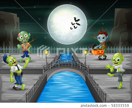 Halloween night landscape with zombies 58333559
