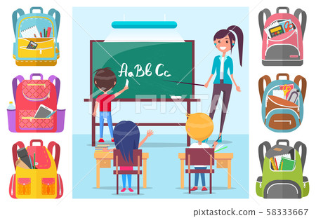 Children learning letters at school lesson with teacher Children learning letters at school lesson with teacher 58333667