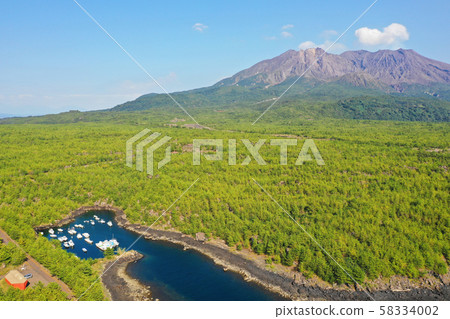在櫻島上的熔岩製成的天然漁港的鳥瞰圖 在櫻島上的熔岩製成的天然漁港的鳥瞰圖 58334002