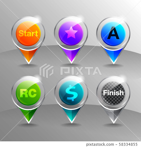 Pinpoint map icon in glass button style. Car rally, Victory, Business Finance, location It consists of blue, yellow, green, purple, orange and transparent blue icons. Gray background vector 58334855