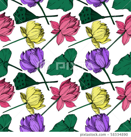 Vector Lotus floral botanical flower. Black and white engraved ink art. Seamless background pattern. 58334890
