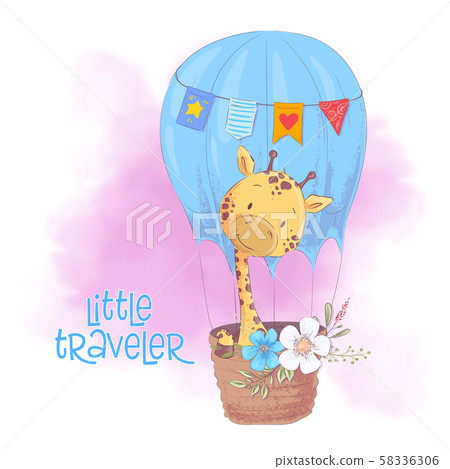 Cute cartoon giraffe in a balloon with flowers. Vector illustration Cute cartoon giraffe in a balloon with flowers. Vector illustration 58336306