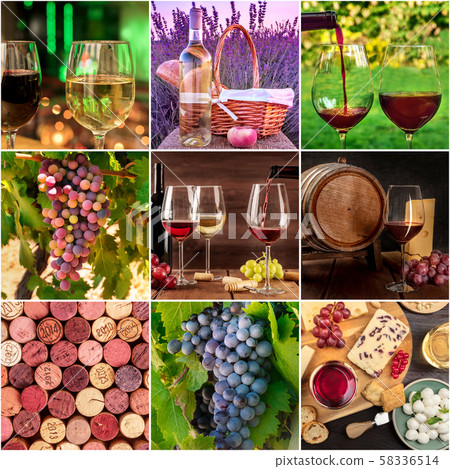 Wine Collage. Many photos of grapes, wine glasses, barrels, corks, a square design template for a Wine Collage. Many photos of grapes, wine glasses, barrels, corks, a square design template for a 58336514