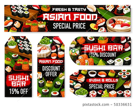 Japanese sushi sale tags. Fish rolls, nigiri, maki 58336631