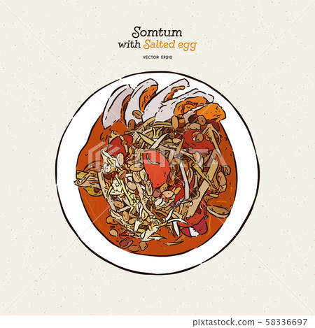 Somtum. Thai spicy green papaya salad with salted 58336697