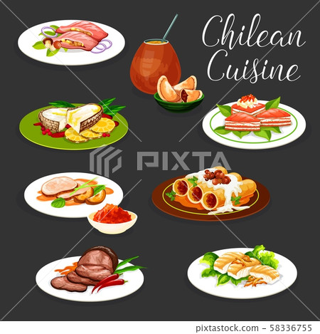 Chilean dishes of fish and meat with vegetables 58336755