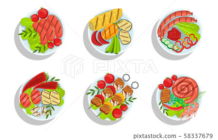 Healthy Dishes Set, Top view of Grilled Sausages and Vegetables on Plates Vector Illustration Healthy Dishes Set, Top view of Grilled Sausages and Vegetables on Plates Vector Illustration 58337679