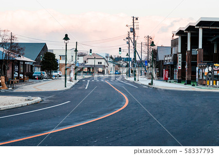Onuma Koen town empty street in winter evening. Onuma Koen town empty street in winter evening. 58337793