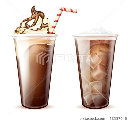 Frappe coffee, cola with ice cubes in plastic cups 58337946