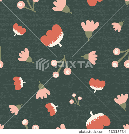 Scattered fall flowers berries seamless vector background. Abstract fall pattern pink orange green 58338784