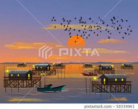 Fishing village on the sea with mountain and sunset background,fishing boat on sea,Flock of birds in the sky Fishing village on the sea with mountain and sunset background,fishing boat on sea,Flock of birds in the sky 58339961
