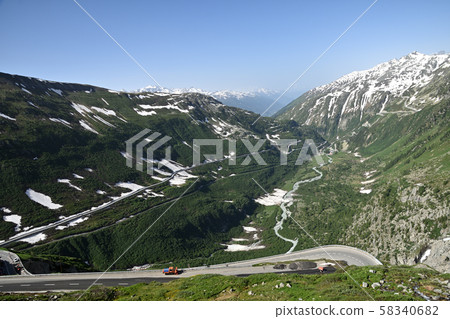 Rhône Valley from drive-in parking lot in Furka Pass, Belvedere Rhône Valley from drive-in parking lot in Furka Pass, Belvedere 58340682