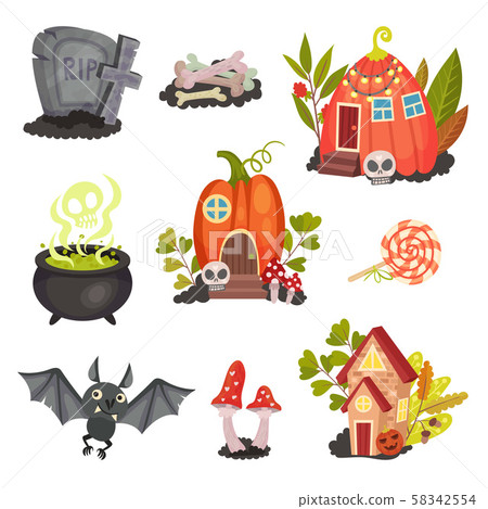 Set of halloween objects and symbols. Vector illustration. 58342554