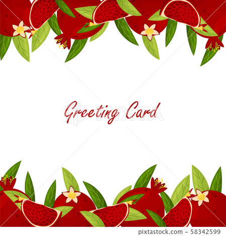Greeting card with pomegranate fruits on top and bottom. Vector illustration. 58342599