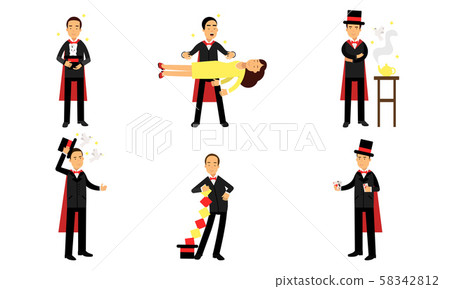Magic Tricks Of Illusionist In Vector Illustrations Set Isolated On White Background Magic Tricks Of Illusionist In Vector Illustrations Set Isolated On White Background 58342812