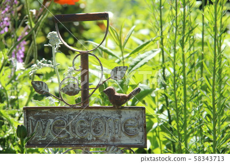 Cute signs of WELCOME and small bird objects standing in the garden Cute signs of WELCOME and small bird objects standing in the garden 58343713