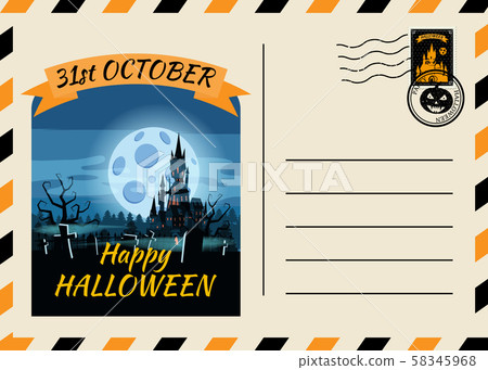 Happy Halloween Postcard invitation Dark Castle Cemetery template with Postage Stamp background Happy Halloween Postcard invitation Dark Castle Cemetery template with Postage Stamp background 58345968