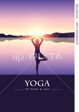 yoga for body and soul meditating person silhouette by the lake with mountain landscape 58346366