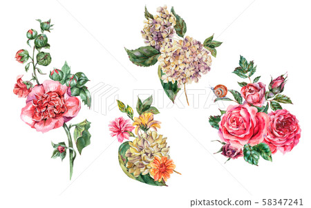 Watercolor Vintage Floral Set of Bouquet with Pink 58347241