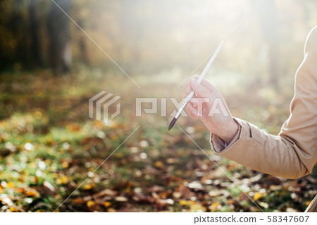 A young girl sketching near a lake in the autumn forest. Sketching A young girl sketching near a lake in the autumn forest. Sketching 58347607