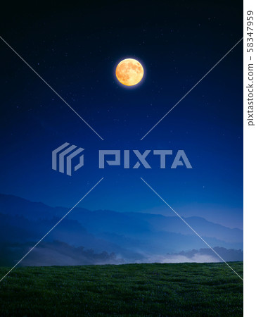 meadow with grass on a mountain top near forest at night in full moon light meadow with grass on a mountain top near forest at night in full moon light 58347959