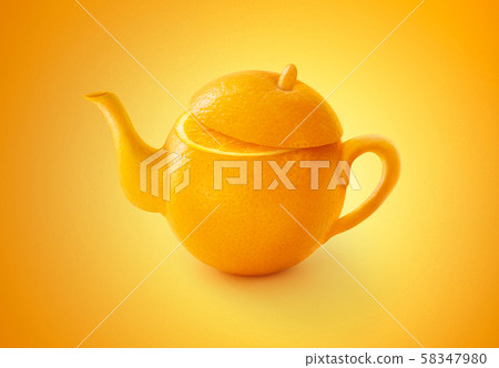 Teapot of Orange fruit isolated on orange color background. Concept of juice with fresh fruits . Teapot of Orange fruit isolated on orange color background. Concept of juice with fresh fruits . 58347980