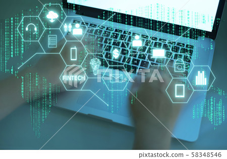 "Fintech" word on digital virtual screen with male hands typing laptop background. Hi-tech business concept . "Fintech" word on digital virtual screen with male hands typing laptop background. Hi-tech business concept . 58348546
