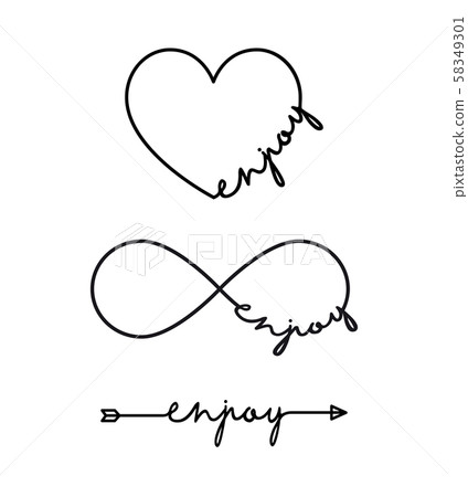 Enjoy - word with infinity symbol, hand drawn heart, one black arrow line. Minimalistic drawing of Enjoy - word with infinity symbol, hand drawn heart, one black arrow line. Minimalistic drawing of 58349301