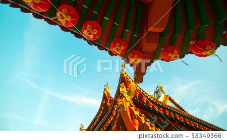 Red lanterns decorations at Thean Hou Temple in Kuala Lumpur, This is in preparation for the coming Chinese New Year. Malaysia 58349366