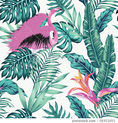 Exotic bird pink flamingo leaves seamless white Exotic bird pink flamingo leaves seamless white 58351051