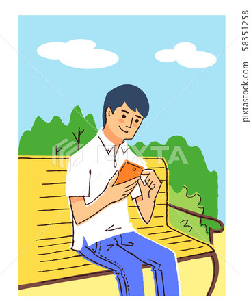 Man operating a smartphone on a bench 58351258