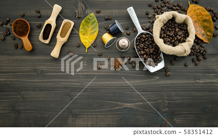 Coffee beans ,coffee capsule and coffee powder on 58351412