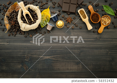 Coffee beans ,coffee capsule and coffee powder on 58351432