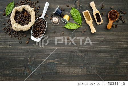 Coffee beans ,coffee capsule and coffee powder on 58351440