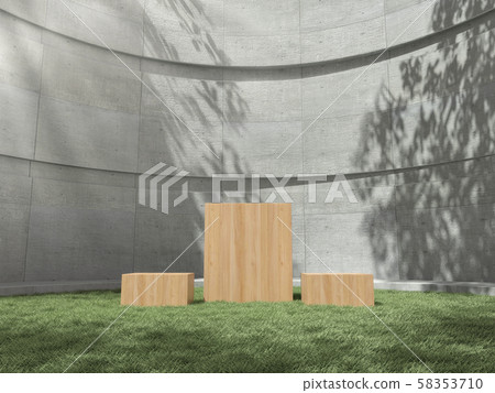 Wooden pedestal for display,Platform for design,Blank product stand on lawn with Trees shadow on the wall .3D rendering. Wooden pedestal for display,Platform for design,Blank product stand on lawn with Trees shadow on the wall .3D rendering. 58353710