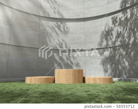 Wooden pedestal for display,Platform for design,Blank product stand on lawn with Trees shadow on the wall .3D rendering. Wooden pedestal for display,Platform for design,Blank product stand on lawn with Trees shadow on the wall .3D rendering. 58353712