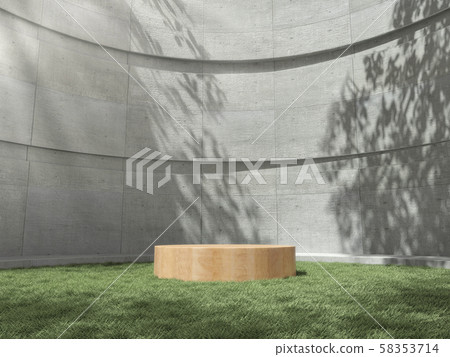 Wooden pedestal for display,Platform for design,Blank product stand on lawn with Trees shadow on the wall .3D rendering. Wooden pedestal for display,Platform for design,Blank product stand on lawn with Trees shadow on the wall .3D rendering. 58353714