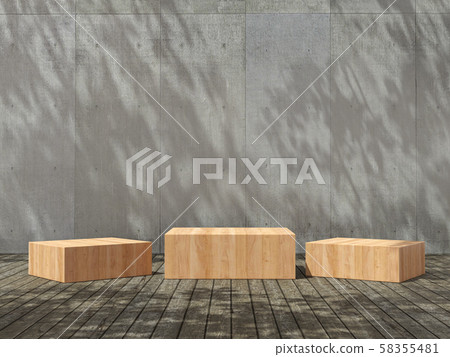 Wooden pedestal for display,Platform for design,Blank product,concrete room with Tree shadow on the wall .3D rendering. Wooden pedestal for display,Platform for design,Blank product,concrete room with Tree shadow on the wall .3D rendering. 58355481
