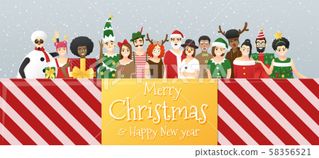 Merry Christmas and Happy New Year, group of teens in Christmas costume concept standing together in gift box Merry Christmas and Happy New Year, group of teens in Christmas costume concept standing together in gift box 58356521