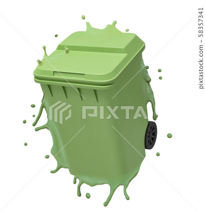 3d rendering of green trash bin melting isolated on white background 3d rendering of green trash bin melting isolated on white background 58357341
