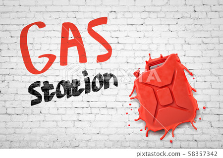 3d rendering of white brick wall with title 'GAS station' and red jerrycan smashed into wall. 3d rendering of white brick wall with title 'GAS station' and red jerrycan smashed into wall. 58357342